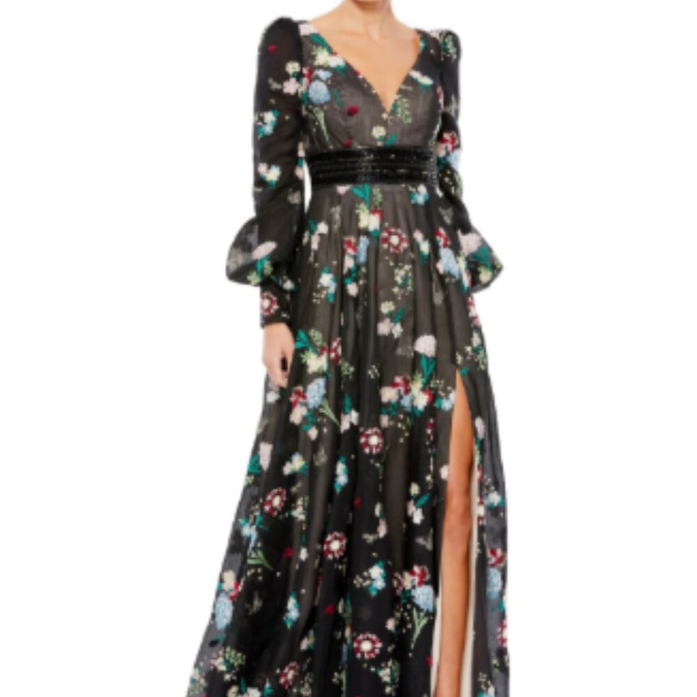 Mac Duggal Embroidered Bishop Sleeve V Neck Flowy Gown Black Size 8 NWT